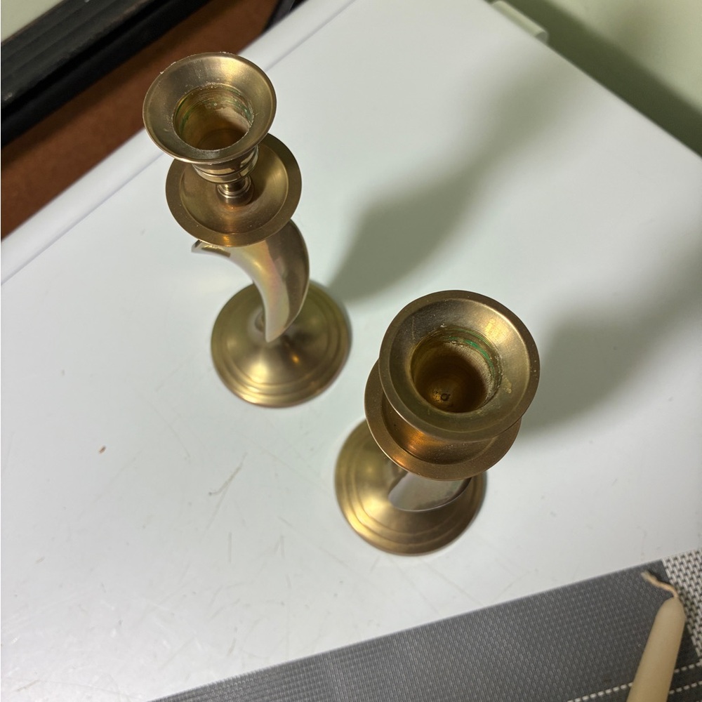 Brass Tone Sculptural Candle Holders - Pair - Picture 4 of 6